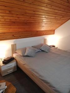 a bedroom with a bed with a wooden ceiling at Holiday Home Tin in Ogulin