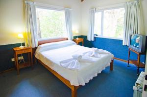 a bedroom with a bed and a tv and two windows at Suites del Bosque in Pinamar
