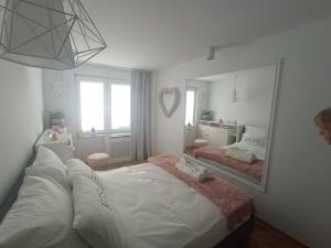 1 dormitorio con cama y espejo grande en Apartament Romantyczny, en Sandomierz