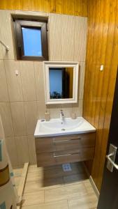 a bathroom with a sink and a mirror and a window at Casa de lemn in Corbu +37 photos