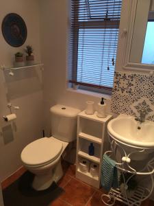 a bathroom with a toilet and a sink at Bungalow by the sea near Cape Town in Kleinmond