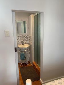 La petite salle de bains est pourvue d'un lavabo et d'une douche. dans l'établissement Bungalow by the sea near Cape Town, à Kleinmond