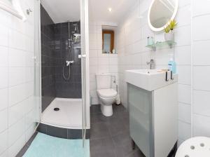 uma casa de banho com um chuveiro, um WC e um lavatório. em Tranquil City Haven close to Airport & Basel em Saint-Louis