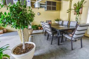a dining room table and chairs with a potted plant at Golden Guitar Motor Inn in Tamworth