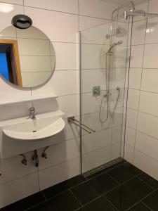 a bathroom with a shower and a sink and a mirror at Ferienwohnung Winterberg Lodge in Winterberg +4 photos