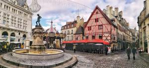 a fountain in the middle of a street with buildings at Eyssam d’or in Dijon