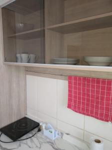 a kitchen cabinet with a sink and a red towel at Apartamento Espaçoso Renato Maia in Guarulhos