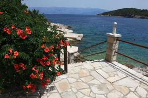 a stone walkway with red flowers next to the water at Apartments Nikola 5m from beach in Selca kod Bogomolja