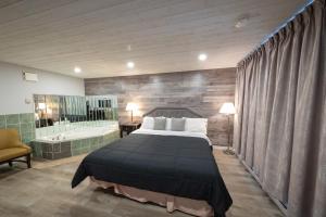 Choice Inn by the falls في شلالات نياجارا: غرفة نوم بسرير كبير وحوض استحمام