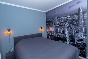 1 dormitorio con 1 cama con un cuadro blanco y negro en la pared en Athena Apartman, en Lukavica