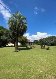 a palm tree and a picnic table in a park at Las Camelias Casa de Campo en San Lorenzo, Salta in Salta