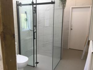 La salle de bains est pourvue d'une douche en verre et de toilettes. dans l'établissement Warkworth Barn Retreat, à Warkworth