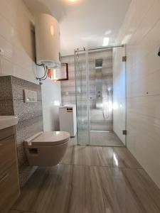a bathroom with a toilet and a glass shower at Apartments Beleca in Biograd na Moru +19 photos