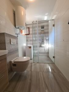 a bathroom with a toilet and a glass shower at Apartments Beleca in Biograd na Moru