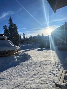 una carretera cubierta de nieve con el sol brillando en ella en Joängets Fjällgård, en Sälen