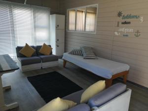 a living room with a bed and a couch at Ons Strandhuisie N5 in Pearly Beach in Pearly Beach