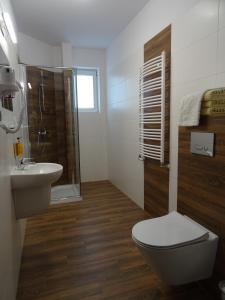 a bathroom with a toilet and a sink and a shower at Willa Global komfortowe pokoje nad morzem in Jastrzębia Góra +62 photos