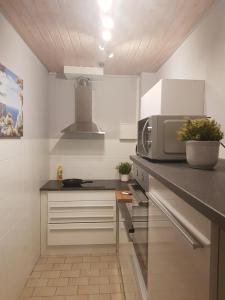 a kitchen with a counter top with a microwave at Room and kitchen im Katerberg in Ahlefeld