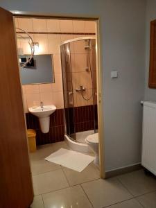W łazience znajduje się prysznic, toaleta i umywalka. w obiekcie VENA Noclegi Restauracja Sala Bankietowa w mieście Malanów