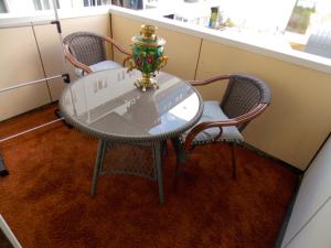 鹿特丹的住宿－維娜賓館，一张玻璃桌,上面有两把椅子和一个花瓶