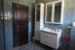 a bathroom with a sink and a mirror and a shower at Altstadt-Insel in Rathenow +16 photos