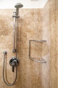 ducha con puerta de cristal y cabezal de ducha en Casa Bembo, en Asolo