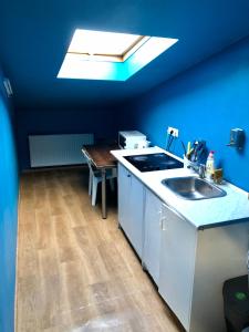 a kitchen with a sink and a blue wall at Student-House Kazimierzowska in Warsaw