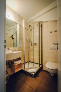 a bathroom with a shower and a sink and a toilet at Hotel Europa in Bamberg