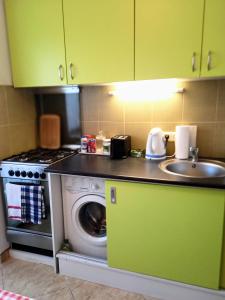 a kitchen with a sink and a washing machine at Aqua Apartman in Révfülöp +18 photos