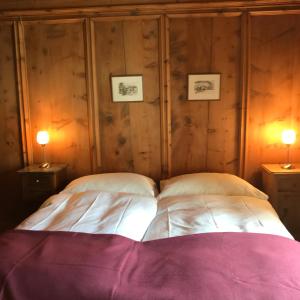 ein Schlafzimmer mit 2 Betten und 2 Lampen an Tischen in der Unterkunft Haus Buol Bergün in Bergün