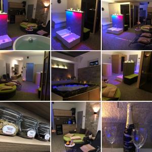 a collage of photos of a hotel room with a bottle of wine at Apartment WELLNESS Vlčková in Vlčková
