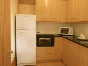 a white refrigerator in a kitchen with wooden cabinets at The Loft in Johannesburg