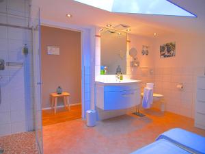 a bathroom with a sink and a shower at Hubertus Apartments in Schliersee +41 photos