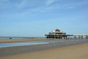 a view of a beach with a pier at Sfeervol appartement te Blankenberge in Blankenberge