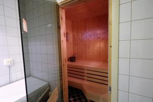 a small bathroom with a shower with a wooden door at RIBO Apartment Riksgränsen in Riksgränsen +91 photos
