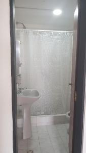 a bathroom with a sink and a shower curtain at Departamento con COCHERA - Santa Fe in Santa Fe +5 photos