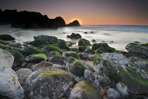 un gruppo di rocce con del muschio su una spiaggia di Tram Apartments a Sintra