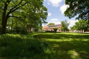 a green yard with trees and a house at B&B Angelbeeck in Afferden