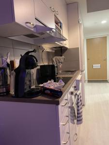 a kitchen with purple cabinets and a counter top at Arctic Penthouse Studio with FREE parking and high-speed Wi-Fi in Rovaniemi +7 photos