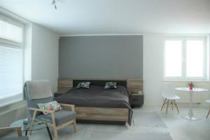 ein Schlafzimmer mit einem Bett, einem Stuhl und einem Tisch in der Unterkunft Apartmán - Dlhé Diely in Bratislava