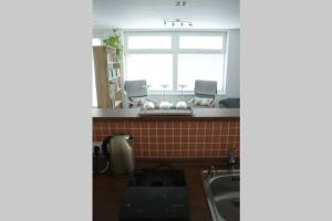 eine Küche mit einem Waschbecken und einem Fenster in der Unterkunft Apartmán - Dlhé Diely in Bratislava