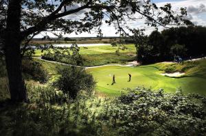 duas pessoas a jogar golfe num campo de golfe em Himmerland Resort Cottages em Farsø