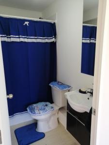 een badkamer met een blauw douchegordijn en een toilet bij DEPTO EN PUERTAS DEL MAR in La Serena