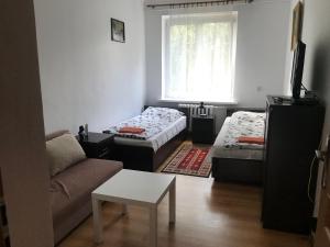 een woonkamer met 2 bedden en een bank bij Mieszkanie Dla Turystów in Sandomierz