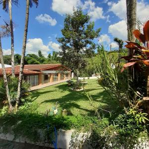 a garden with palm trees and a house at Meu pedacinho de chão in Serra Negra +23 photos