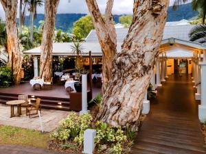 - une vue sur un restaurant avec des palmiers dans l'établissement The Reef House Adults Retreat - Enjoy 28 Complimentary Inclusions, à Palm Cove