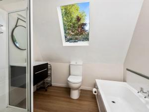 a bathroom with a toilet and a sink and a mirror at The Hillvue with Spa - Arrowtown Holiday Home in Arrowtown +18 photos