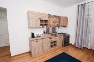 uma pequena cozinha com um lavatório e um fogão em Park Residence em Bacău
