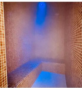 y baño con ducha con luces azules. en La Maison du Bien Etre, en Aigues-Mortes