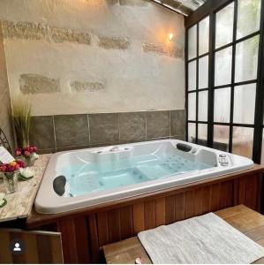 bañera grande en una habitación con ventanas en La Maison du Bien Etre, en Aigues-Mortes